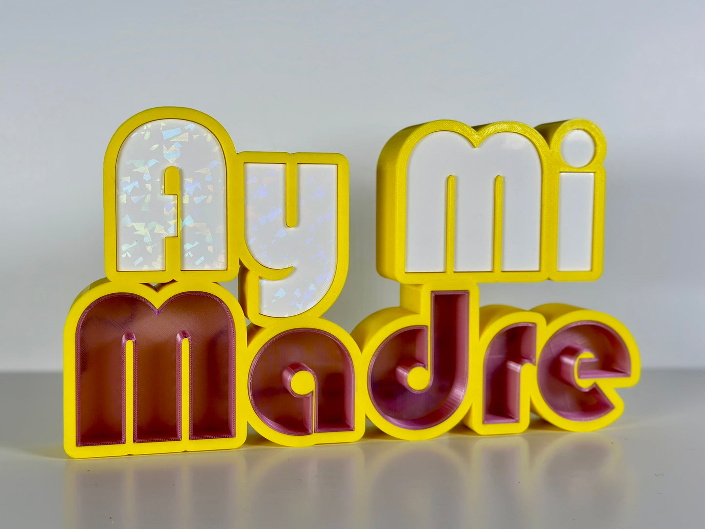 Side view of Ay Mi Madre LED Channel Letter Sign in yellow with red and white letters, showing the depth of the letters, displayed against a white background.