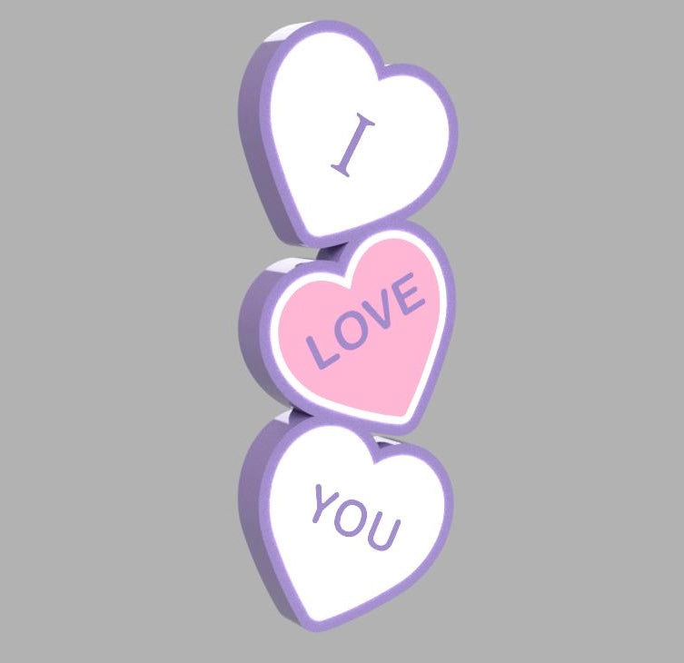 Hanging I Love You LED Sign in lavender and white, ideal for weddings and special occasions