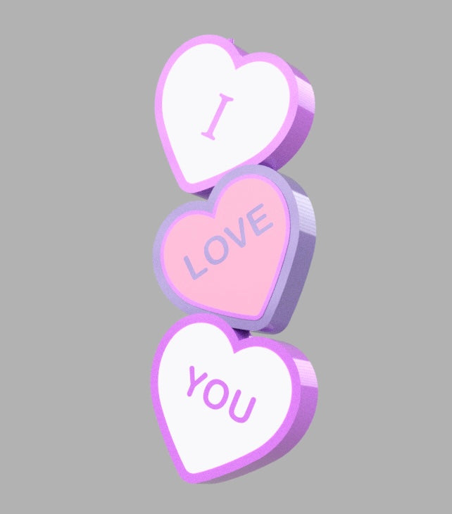 I Love You LED Heart Sign in pastel purple and pink, inspired by candy hearts.