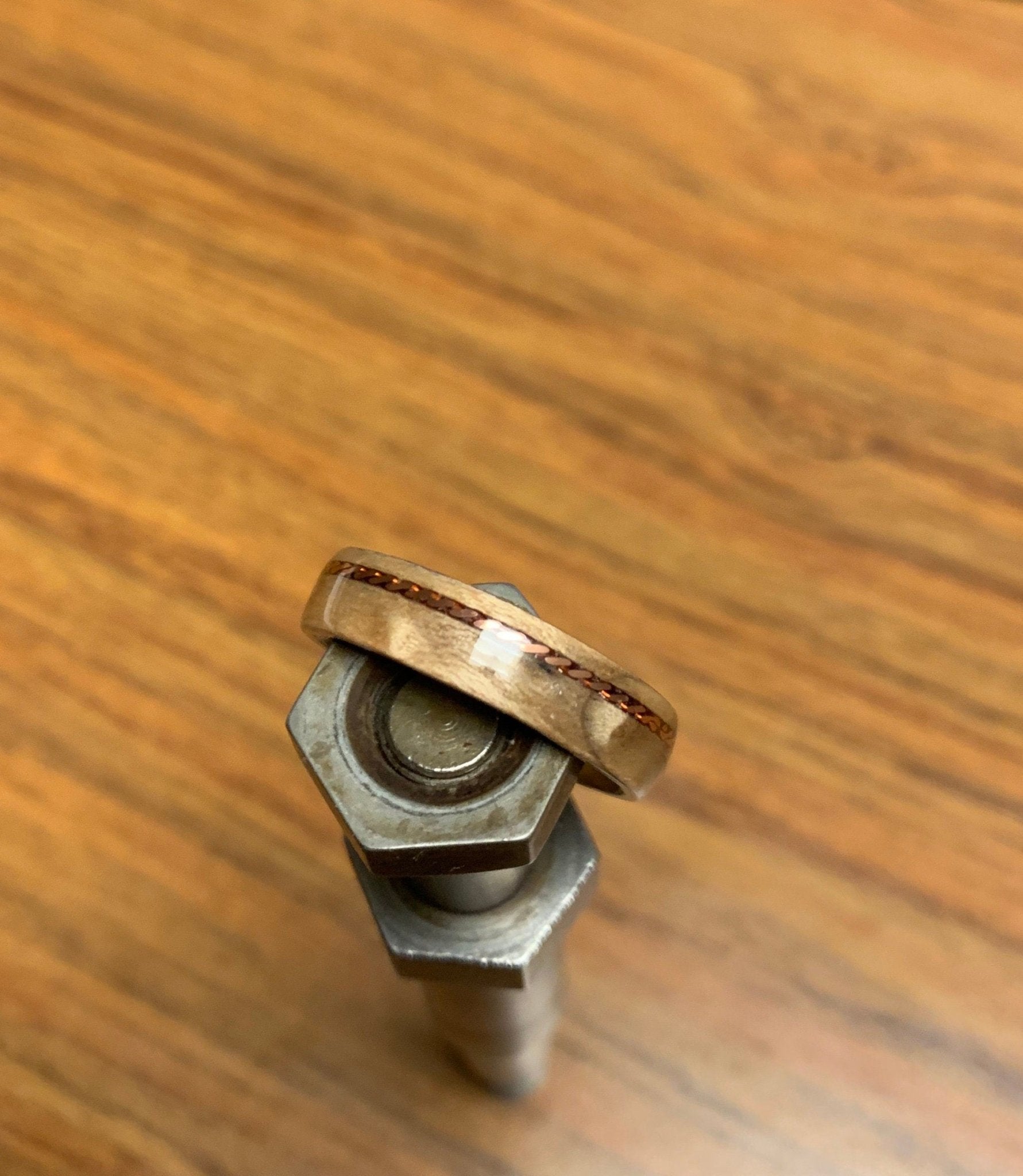 Mappa Burl Bent wood Ring With weaved Copper inlay. Wooden ring. Copper weave. - Rude Grain