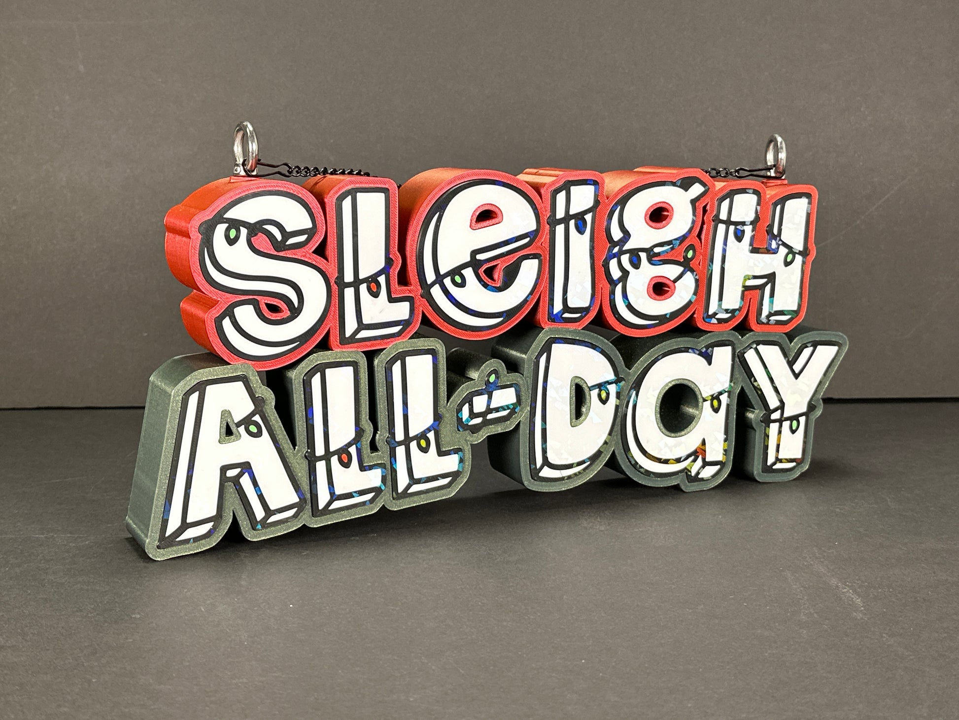 Sleigh All Day sign angled view