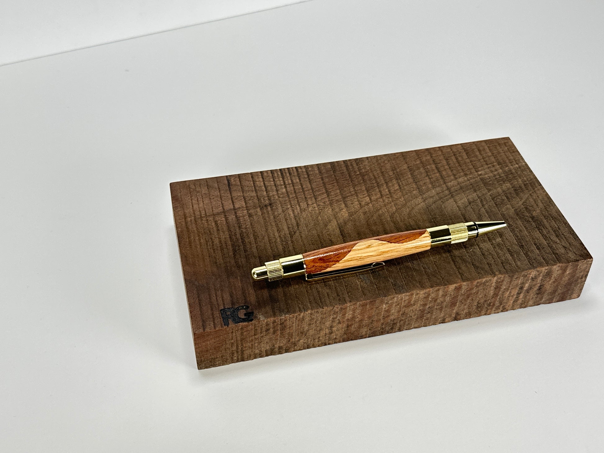 Close-up of sapele and oak pen