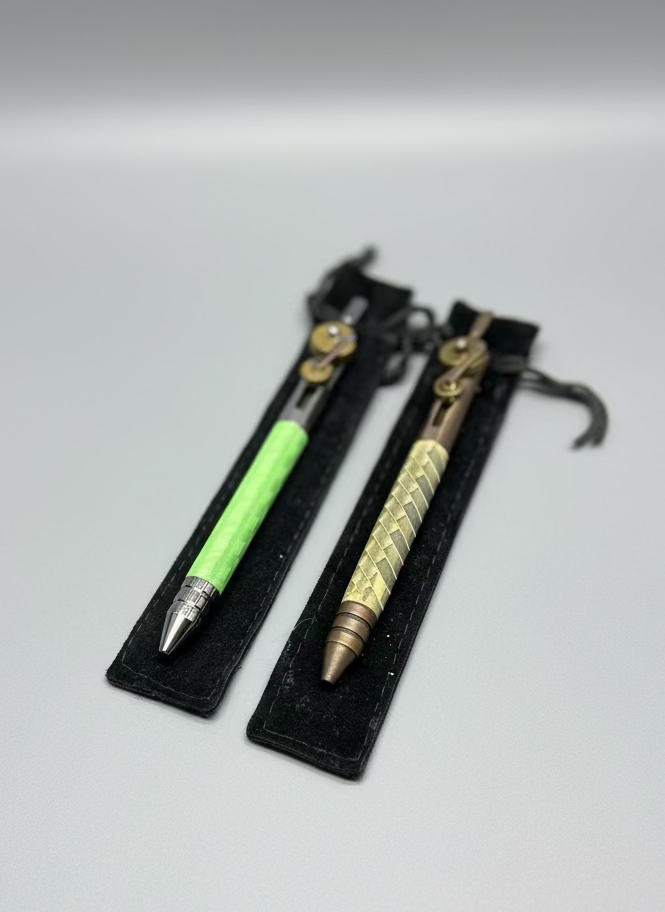 Two pens on black stands with a blurred background