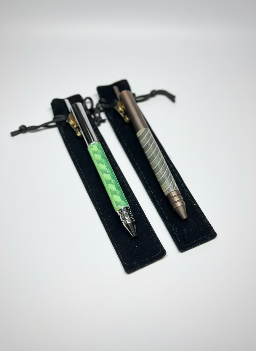 Two pens on black stands with a textured surface background