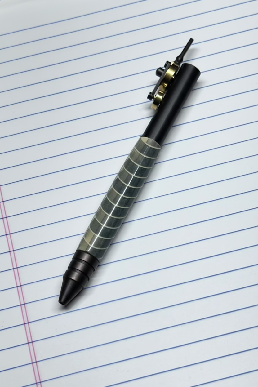 Pen with a checkered grip on lined paper