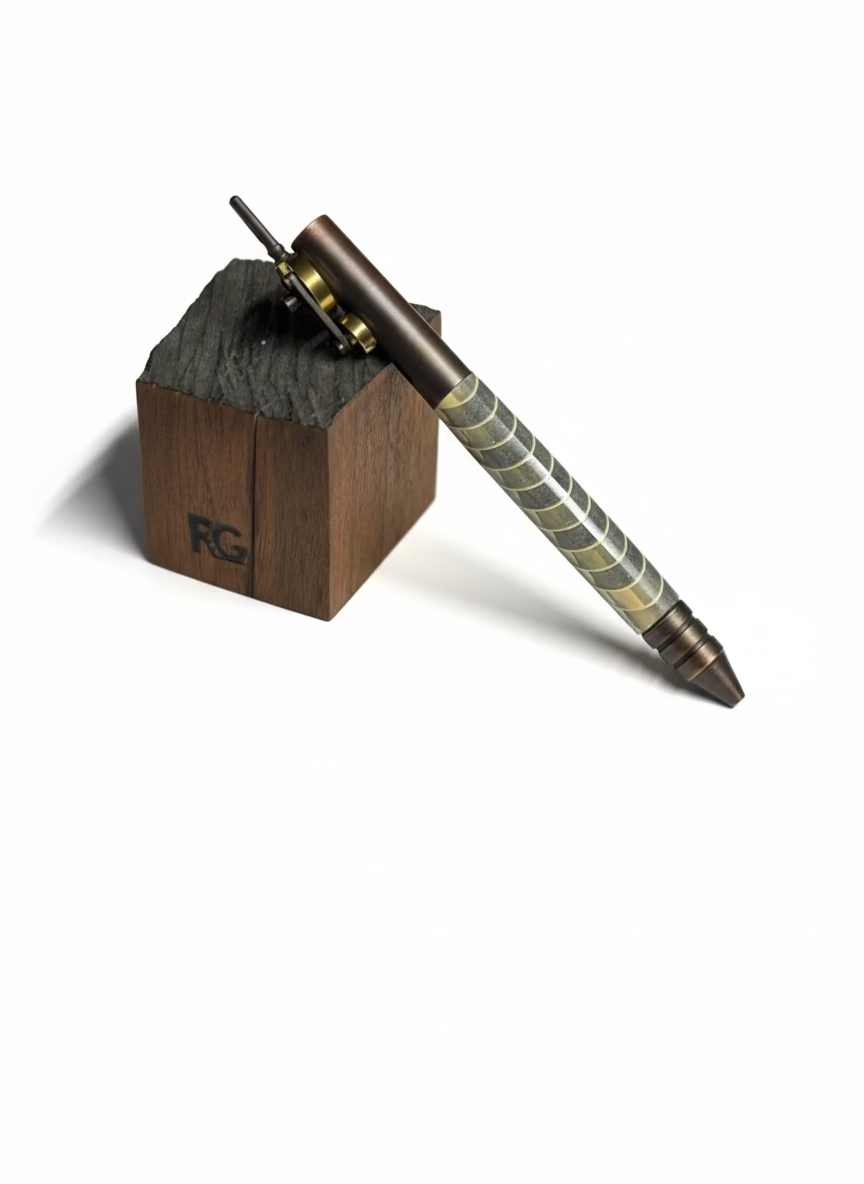 Pen on a piece of lined paper with a small wooden block and keychain in the background.