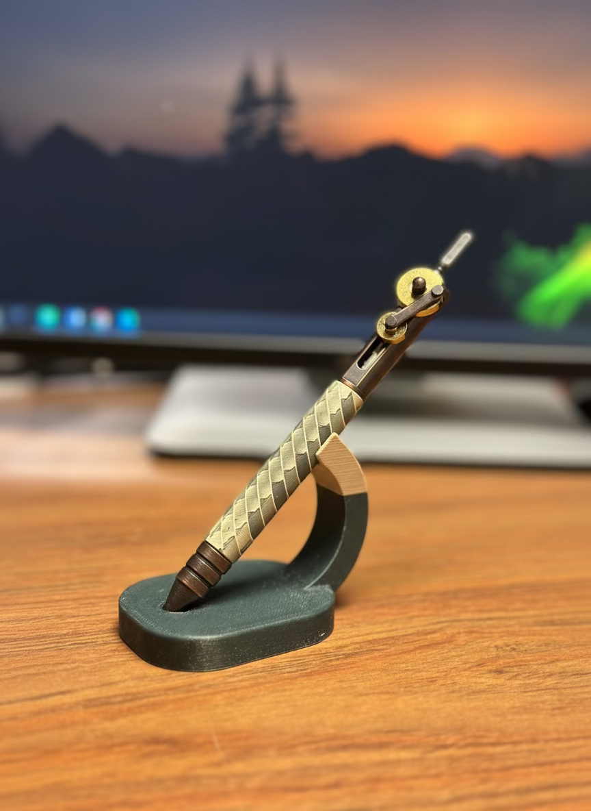 Decorative pen holder with a pen on a wooden surface in front of a computer screen.