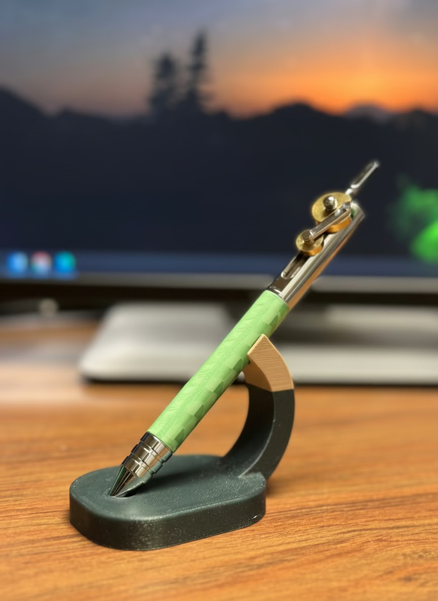 Green pen on a stand with a blurred background of a computer screen and desk.