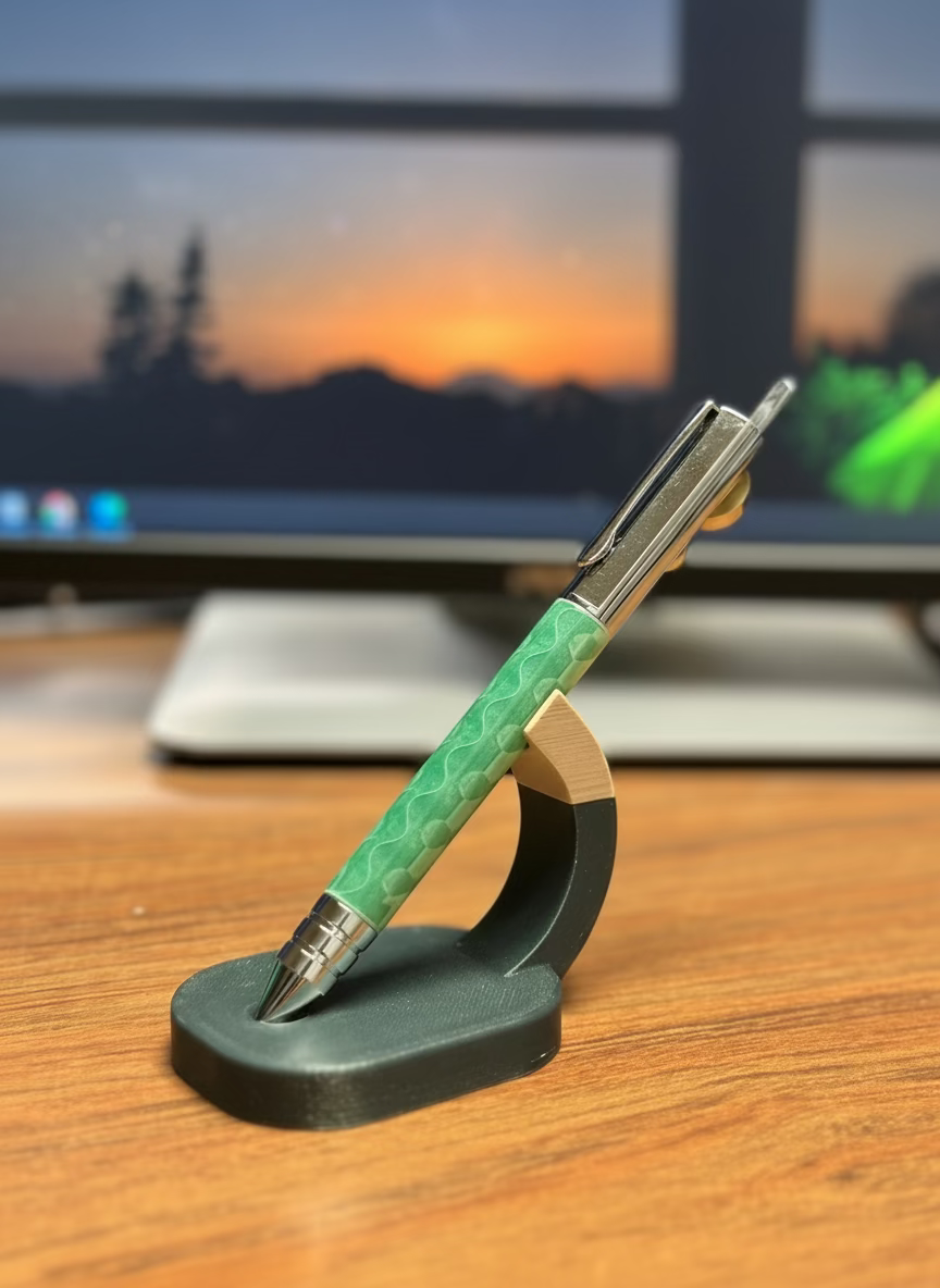 Green pen on a stand with a blurred background of a computer screen and mountains.