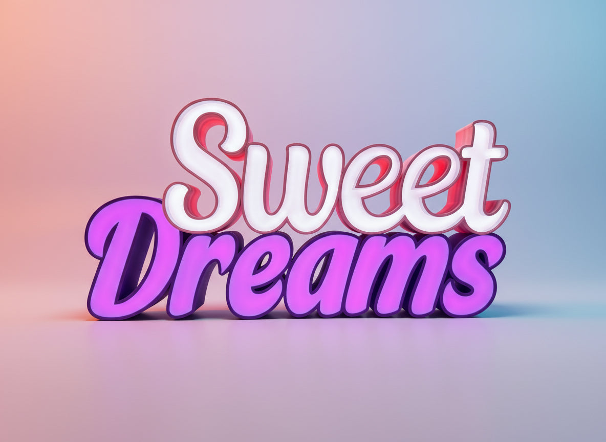 Front view of the Sweet Dreams LED Channel Sign illuminated, displaying vibrant pink and purple LED lights against a white background, ideal for home decor and lighting up spaces